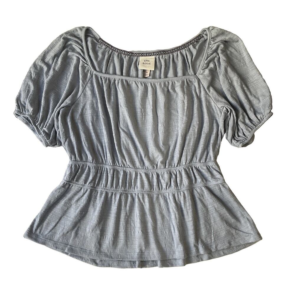 Knox Rose Women Blouse M Light Blue Embroidered Ruched Square Neck Pullover